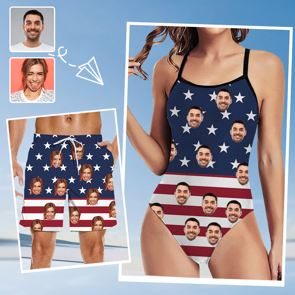American Flag Print Customized Women’s Back Hollow Swimsuit & Men’s Board Shorts Set