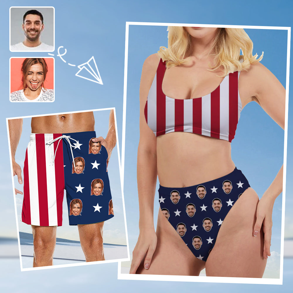 American Independence Day Flag Printed Customized Couple Outfits Women’s Bikini Two-piece Set & Men’s Beach Shorts