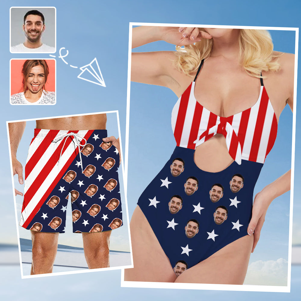 Customized Face Women's One-Piece Hollow Swimsuit & Men's Printed Beach Shorts Independence Day Gift Summer Seaside/Pool Party