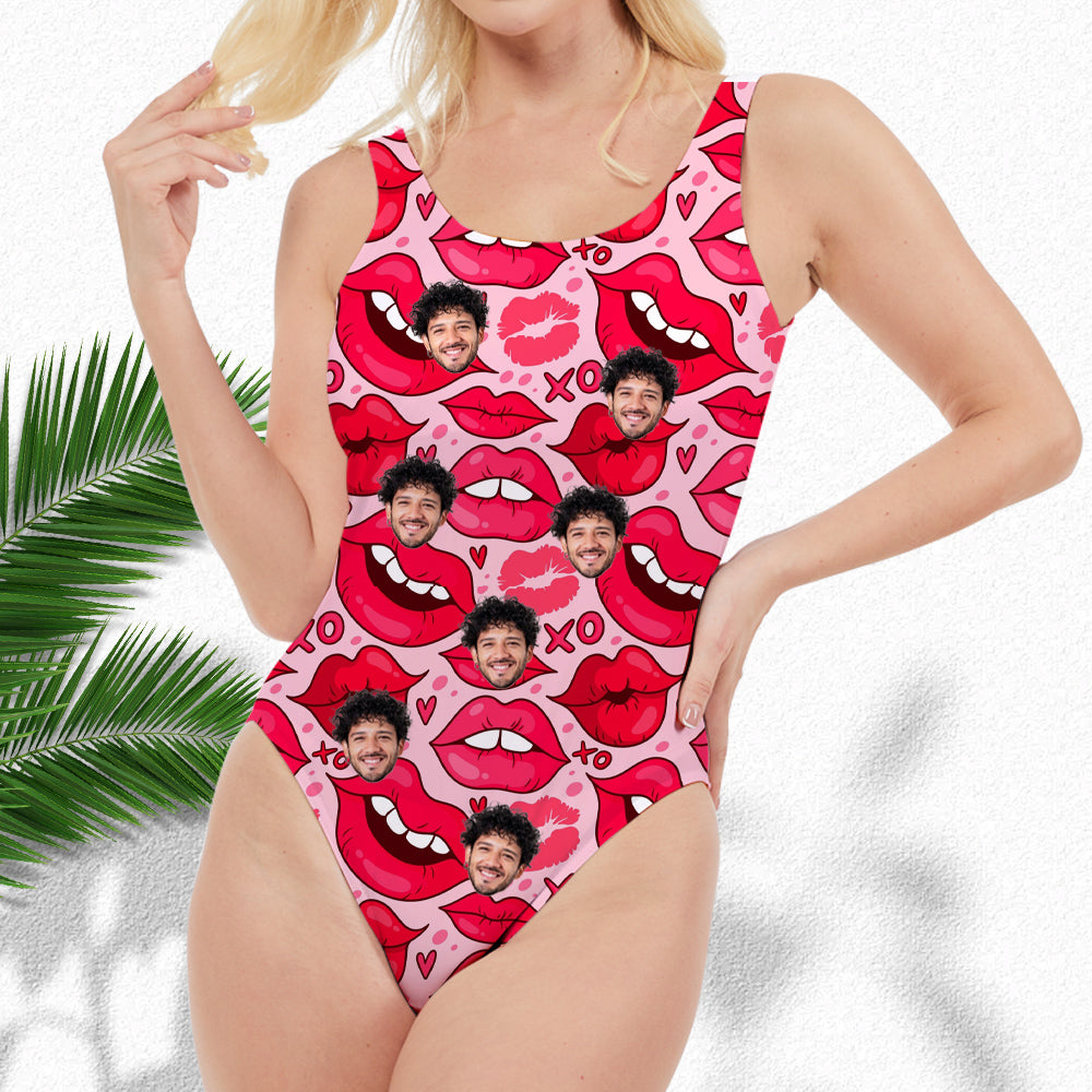 Red Lip Print Women's One-Piece Swimsuit Customized Face Personalized Gift for Her
